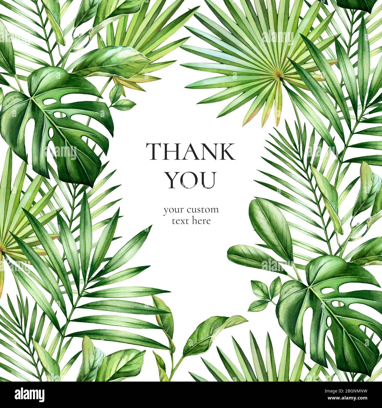 watercolor-tropical-card-template-square-frame-with-palm-and-monstera-leaves-thank-you-text-hand-painted-printable-design-realistic-botanical-stock-photo-alamy