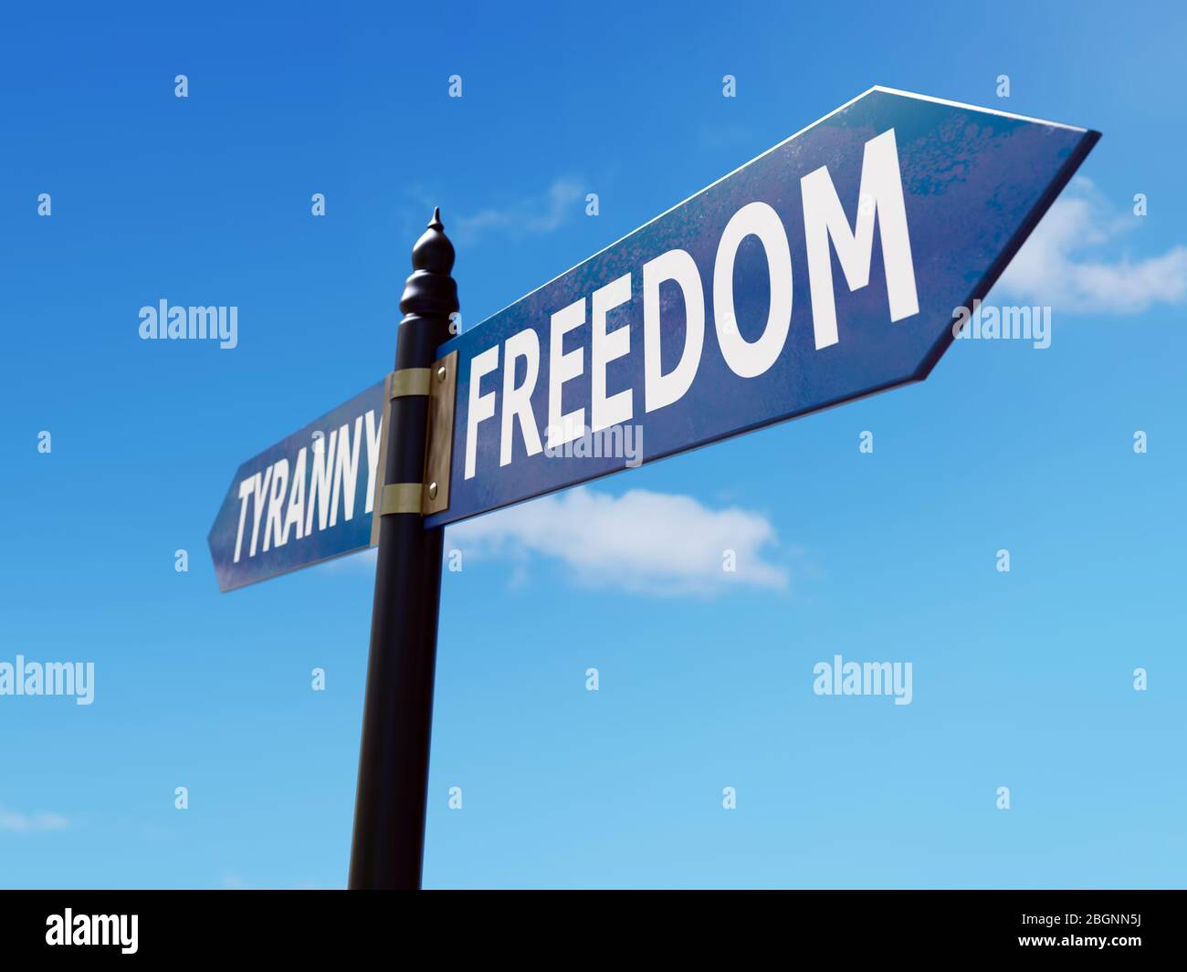 Two-directional metal signpost indicating Freedom and Tyranny directions over blue sky Stock Photo