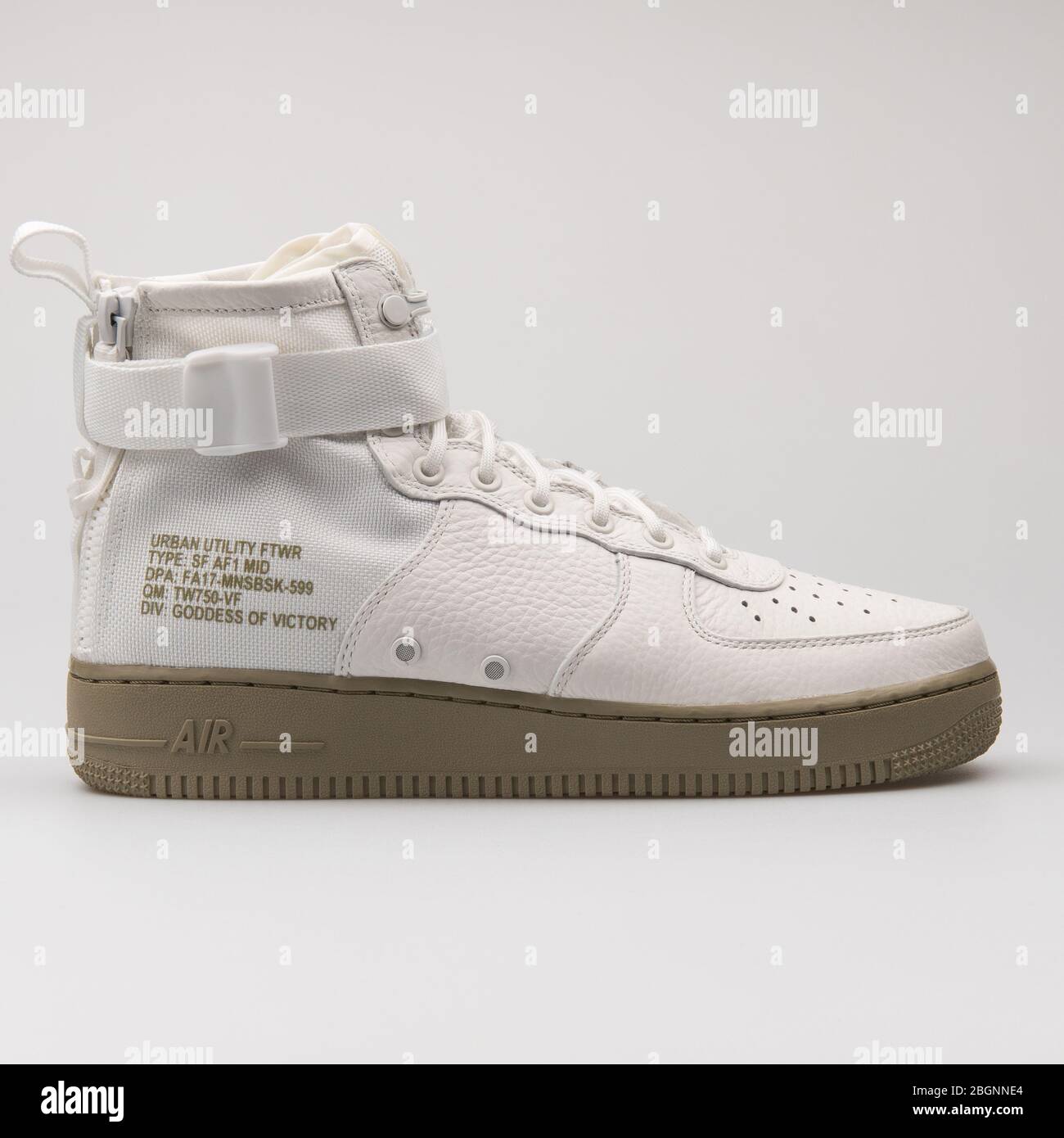 VIENNA, AUSTRIA - AUGUST 16, 2017: Nike SF Air Force 1 Mid white and olive  green sneaker on white background Stock Photo - Alamy