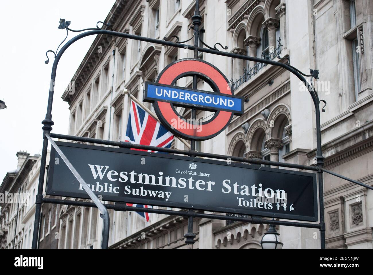 Entrance to Westminster Underground Station, London SW1A 2JR Stock Photo