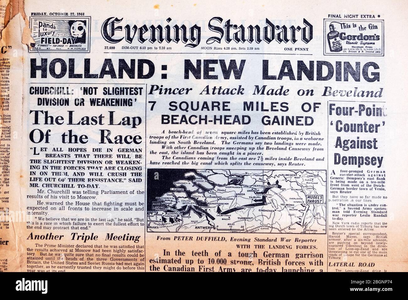 Evening Standard  WWII  British newspaper headline 27 October 1944  'Holland: New Landing' '7 Square Miles of Beach-Head Gained'  London UK Stock Photo