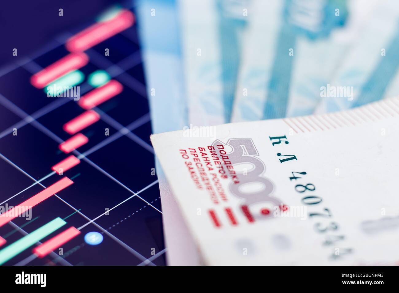 Russian ruble banknotes against backdrop of falling red currencies graphic. Concept economic default, oil Stock Photo