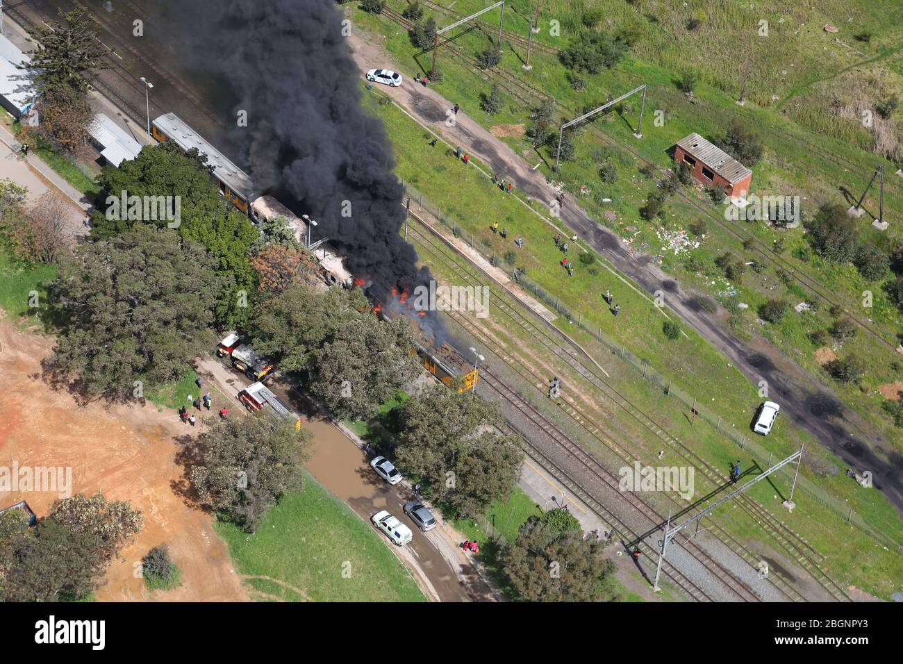 Aerial photo of a Metrorail train on fire Stock Photo