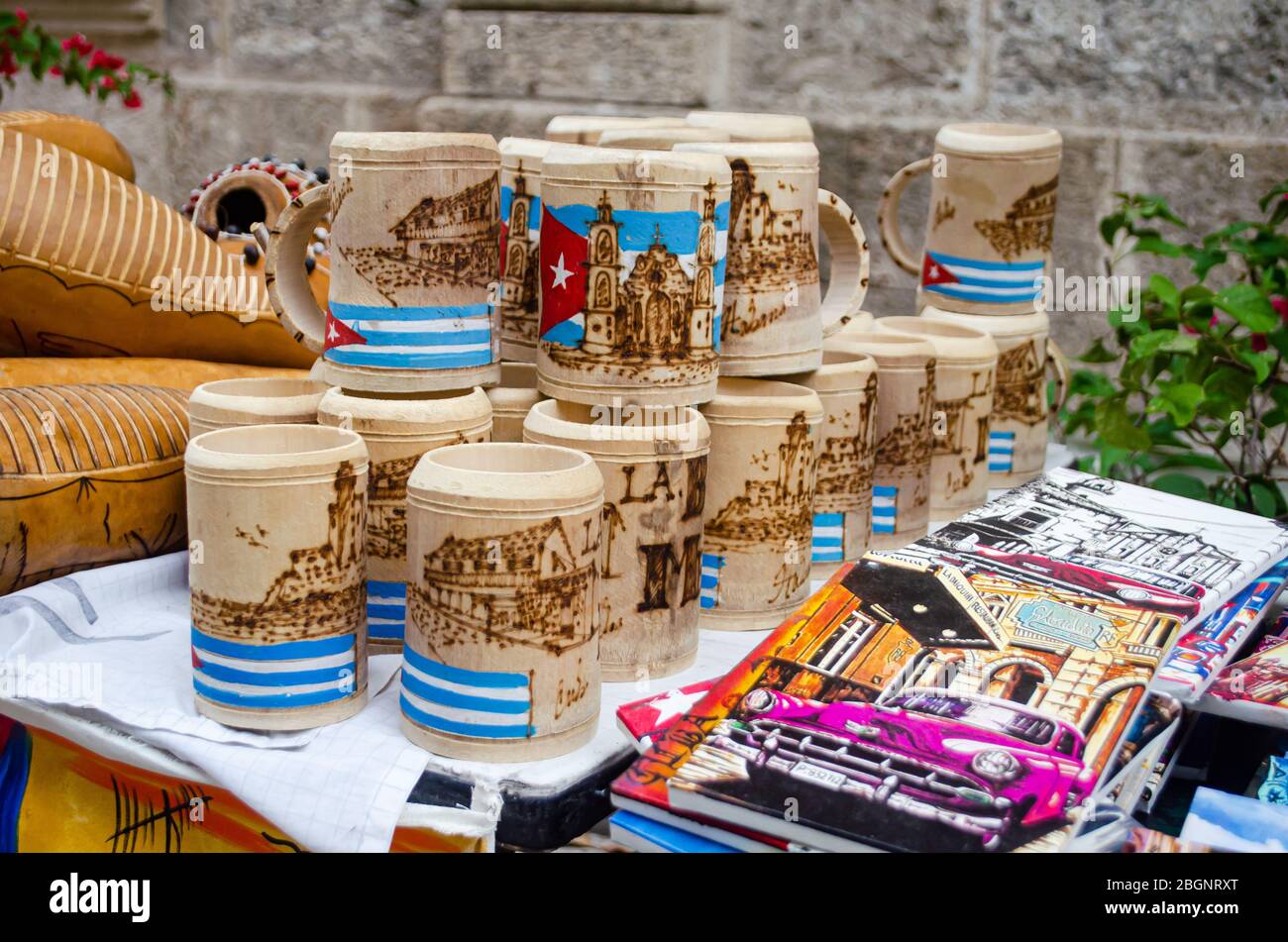 Typical Cuban souvenirs in form of decorated jars made from bamboo, for sale in the streets of the Old Havana Stock Photo