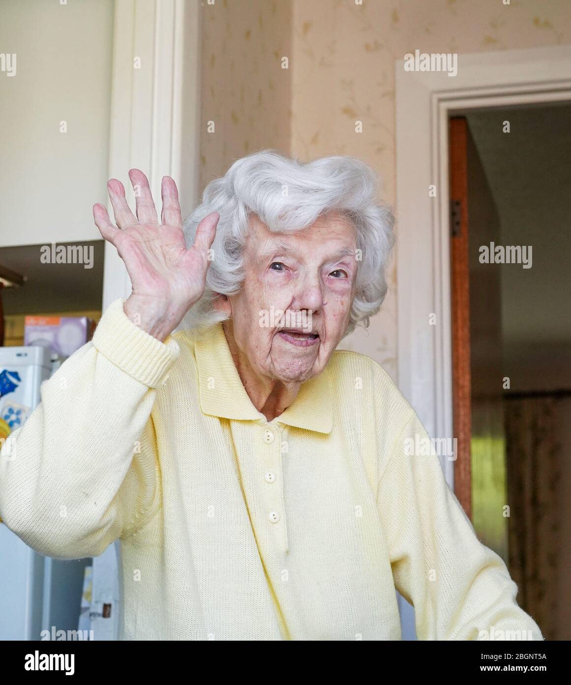 Kidderminster, UK. 22nd April, 2020. Pensioner Peggy Lappage reaches the fabulous 100 years young mark today! Celebrations had been planned, but due to the government's 'Stay home, Protect the NHS, Save lives' lockdown instruction, all get-togethers have had to be postponed. Although in isolation, well wishes have kept her telephone line hot all morning and later today at 5 o'clock all her kind neighbours will be surprising Peggy and coming out onto the street to collectively sing 'Happy Birthday' in her honour. Credit: Lee Hudson/Alamy Live News Stock Photo