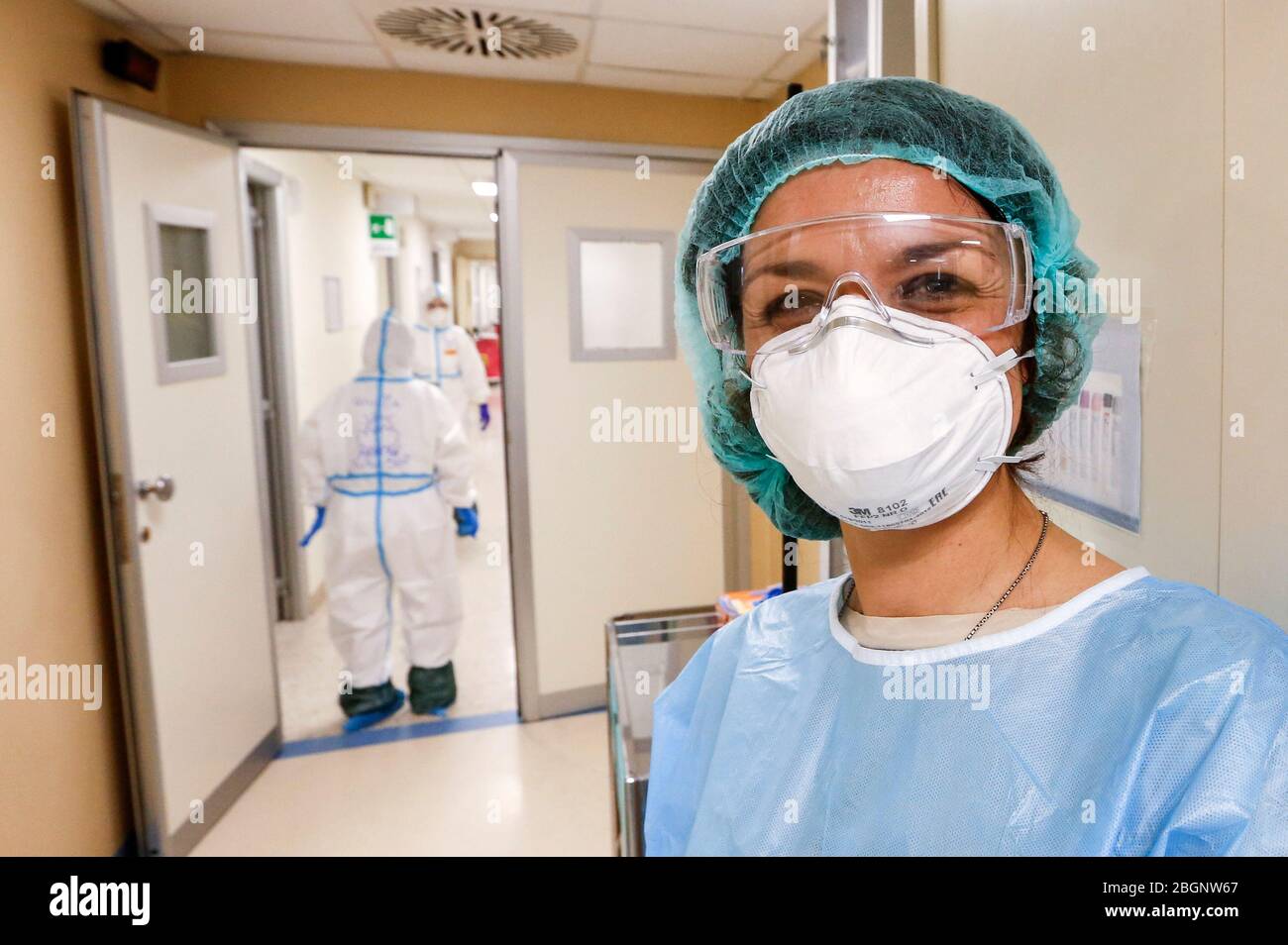 Rome, Italy. 19th Apr, 2020. A medical staffer wearing protective glasses and mask is portrayed in an Intensive Care unit's Covid-19 department at the San Filippo Neri hospital. Stock Photo