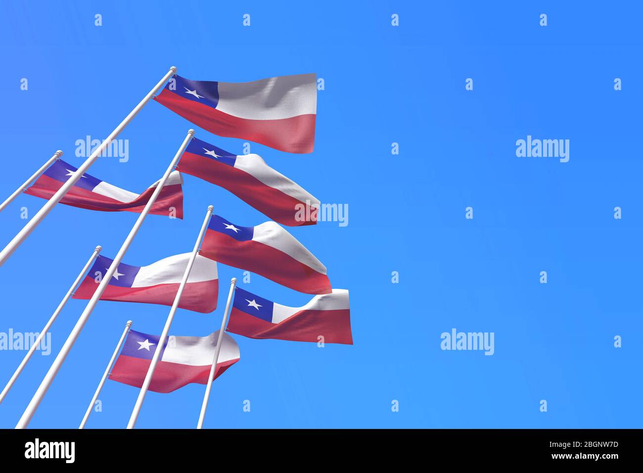 Chile flags waving in the wind against a blue sky. 3D Rendering Stock ...