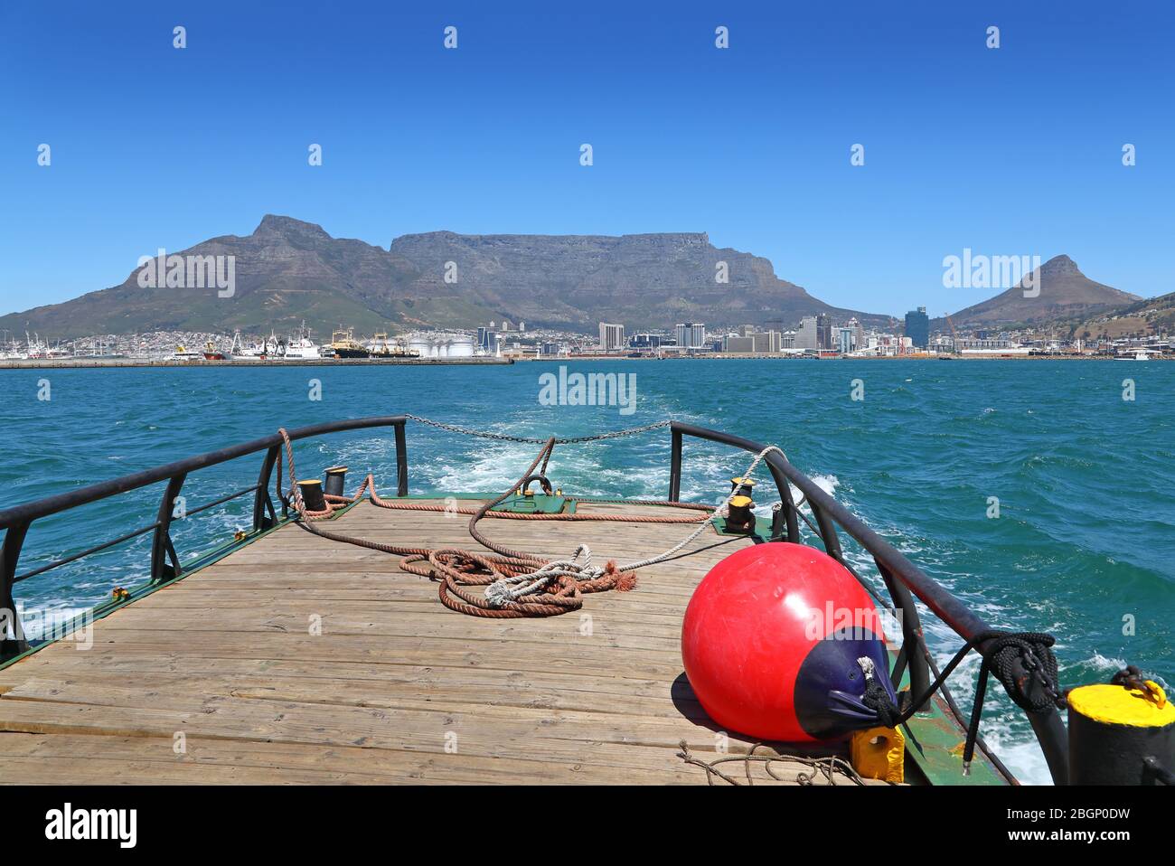 Image of a boat deck with Cape Town CBD and Table Mountain in the background Stock Photo