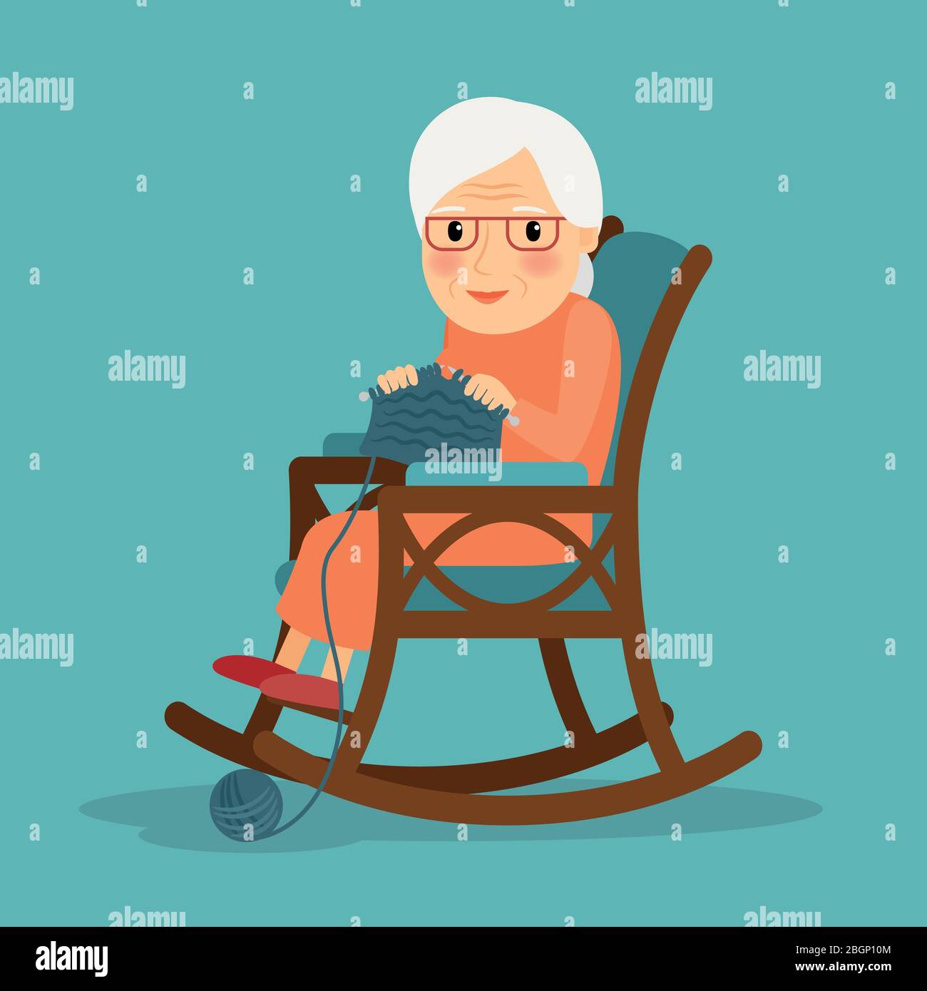 Knitting. Old woman knits. Granny knitting in her rocking chair. Vector illustration Stock