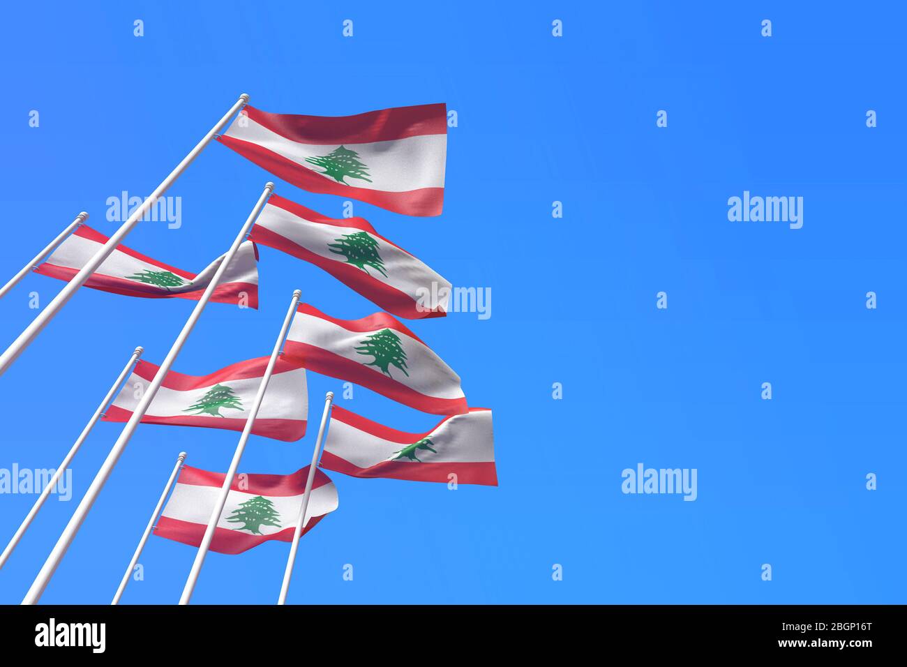 Lebanon flags waving in the wind against a blue sky. 3D Rendering Stock ...