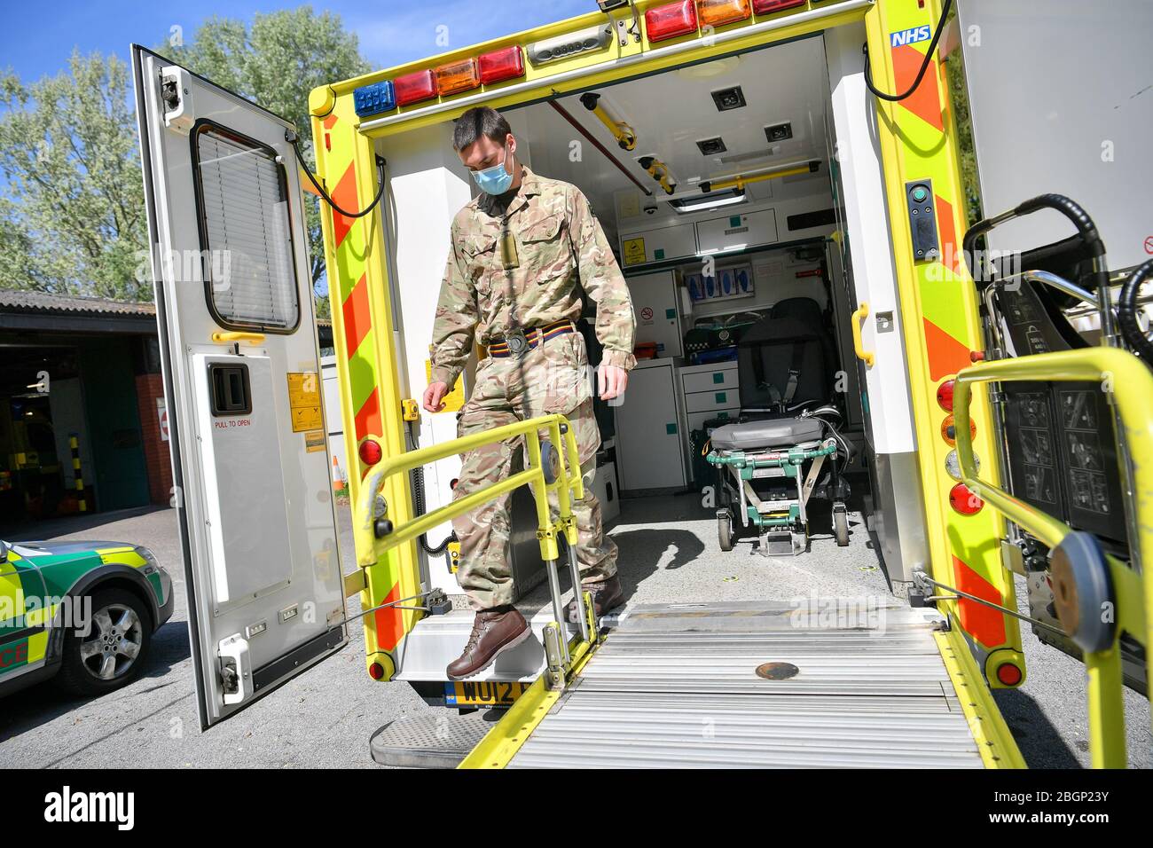 Military personnel from 1st Battalion, Royal Welsh are shown in the back of an ambulance during vehicle familiarisation as they take part in Military Ambulance Driver Induction Training at Taunton Ambulance Station, Taunton, Somerset, to support South West Ambulance Service Trust (SWAST) in the battle against COVID-19. Stock Photo