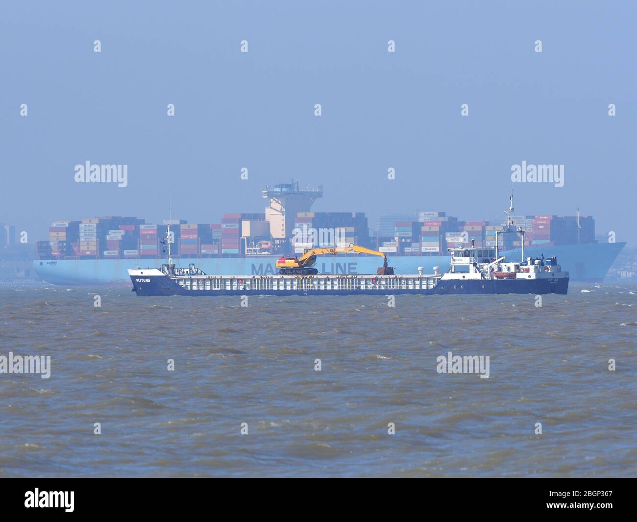 Sheerness, Kent, UK. 22nd Apr, 2020. Huge containership Emma Maersk (the largest containership in the world when launched in 2006) departs the Thames today. The Port of London reported yesterday that last week (13 April to 19 April), there wre 287 ship movements, 173 of which were piloted, adding 'the number of ship movements has fallen from the pre-coronavirus levels as supply chains progressively focus on essentials of food, medicine and electronic goods needed to help people work and stay in touch'. Credit: James Bell/Alamy Live News Stock Photo