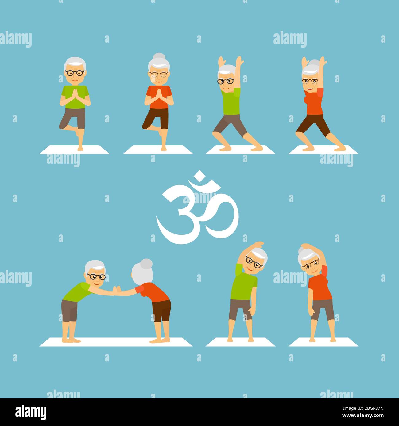 Yoga oldies. Old people yoga colorful icons on blue background. Vector