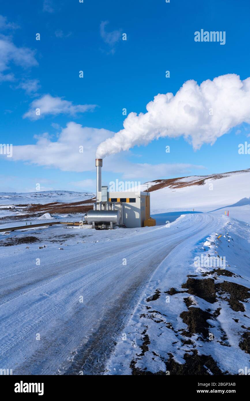 Winter view of Bjarnarflag Geothermal Power Station, near Krafla volcano, Iceland. This is one of the oldest in Iceland and has been operational for 4 Stock Photo