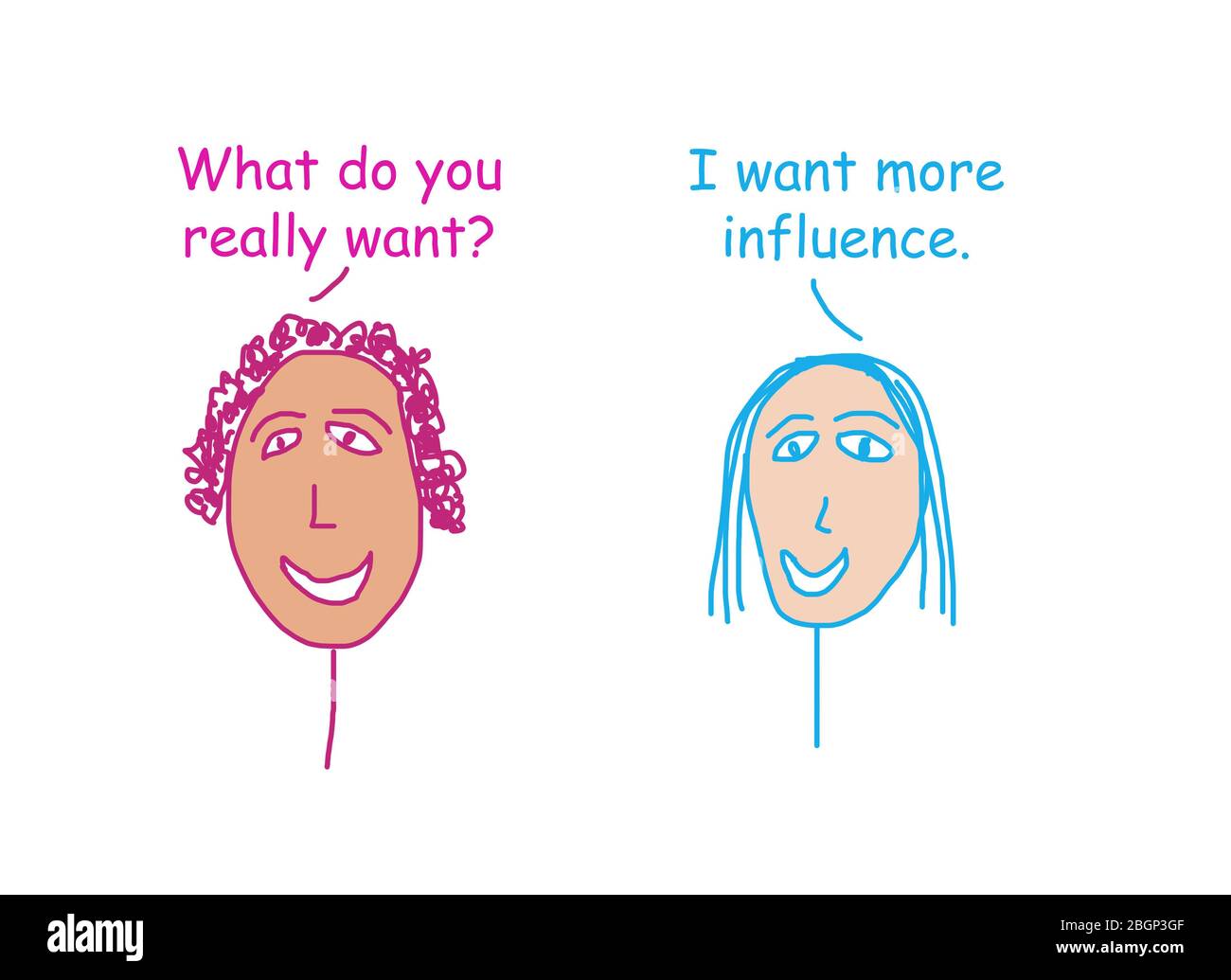 Color cartoon depicting two women talking about wanting more influence. Stock Photo