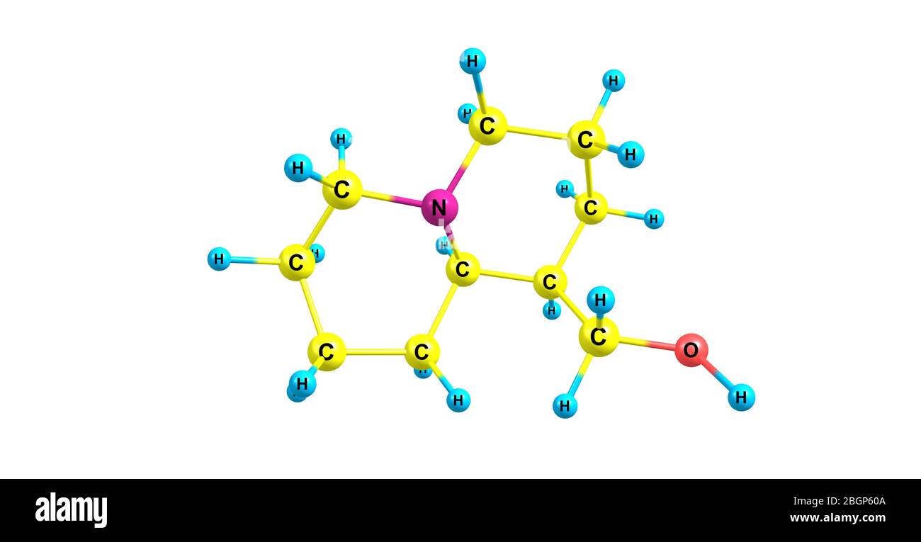 Lupinine is a bitter tasting quinolizidine alkaloid present in Lupinus species - lupins, plants of the family Fabaceae. 3d illustration Stock Photo