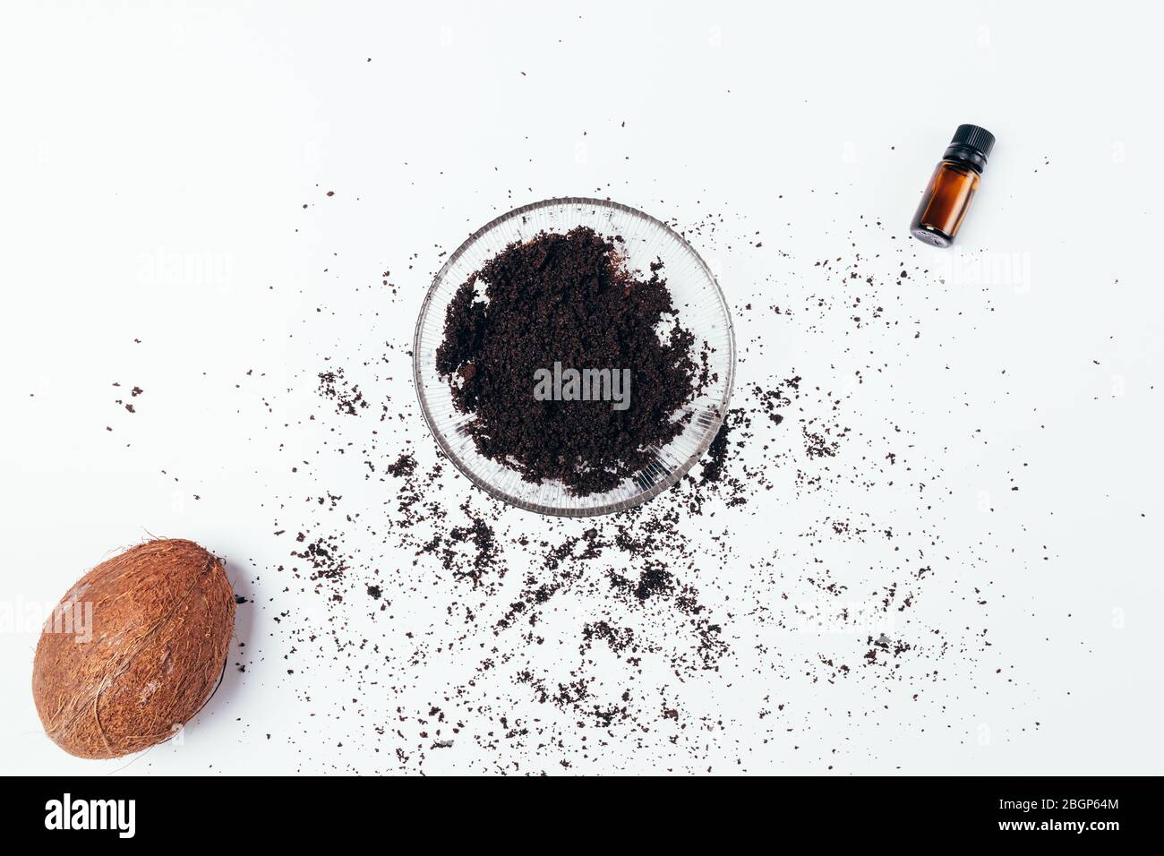 Homemade Skin Care Cosmetics Coffee Scrub With Coconut Oil And Aroma Essence In Glass Bowl On White Table Top View Stock Photo Alamy