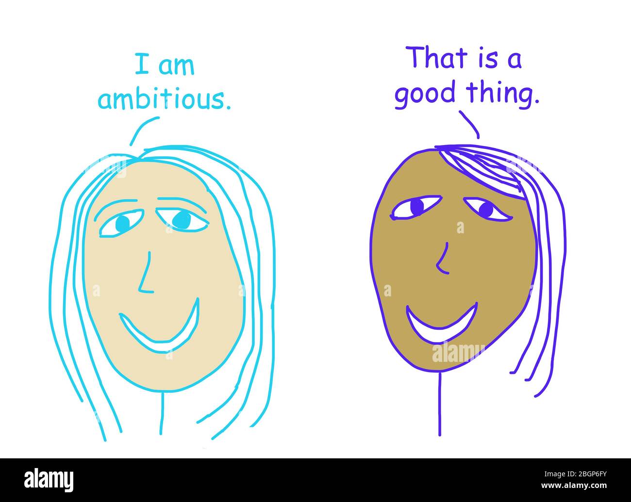 Color cartoon depicting two ethnically diverse women talking about ambition being a good thing. Stock Photo