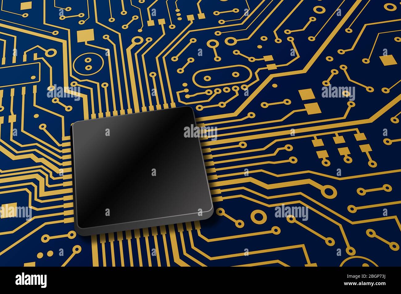 Computer hardware technology. Blue circuit board with gold lines and