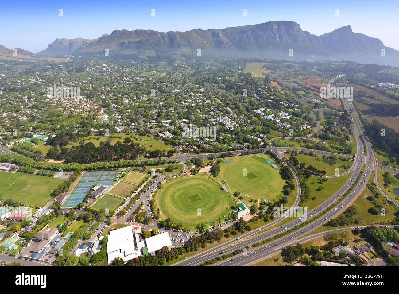 Aerial photo of Constantia Virgin Active and Claremont Cricket Club with Table Mountain in the background Stock Photo