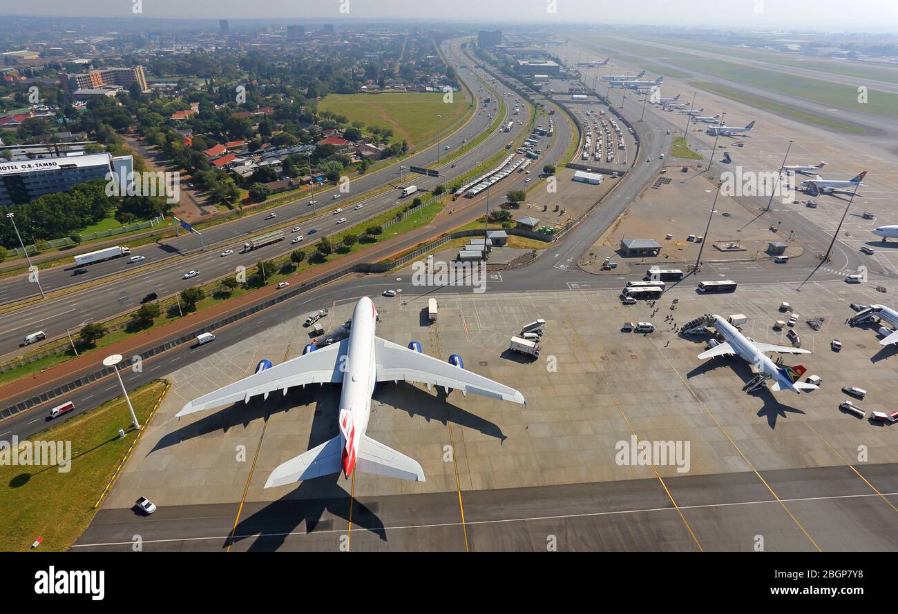 Aerial photo of OR Tambo International Airport apron and airliners Stock Photo