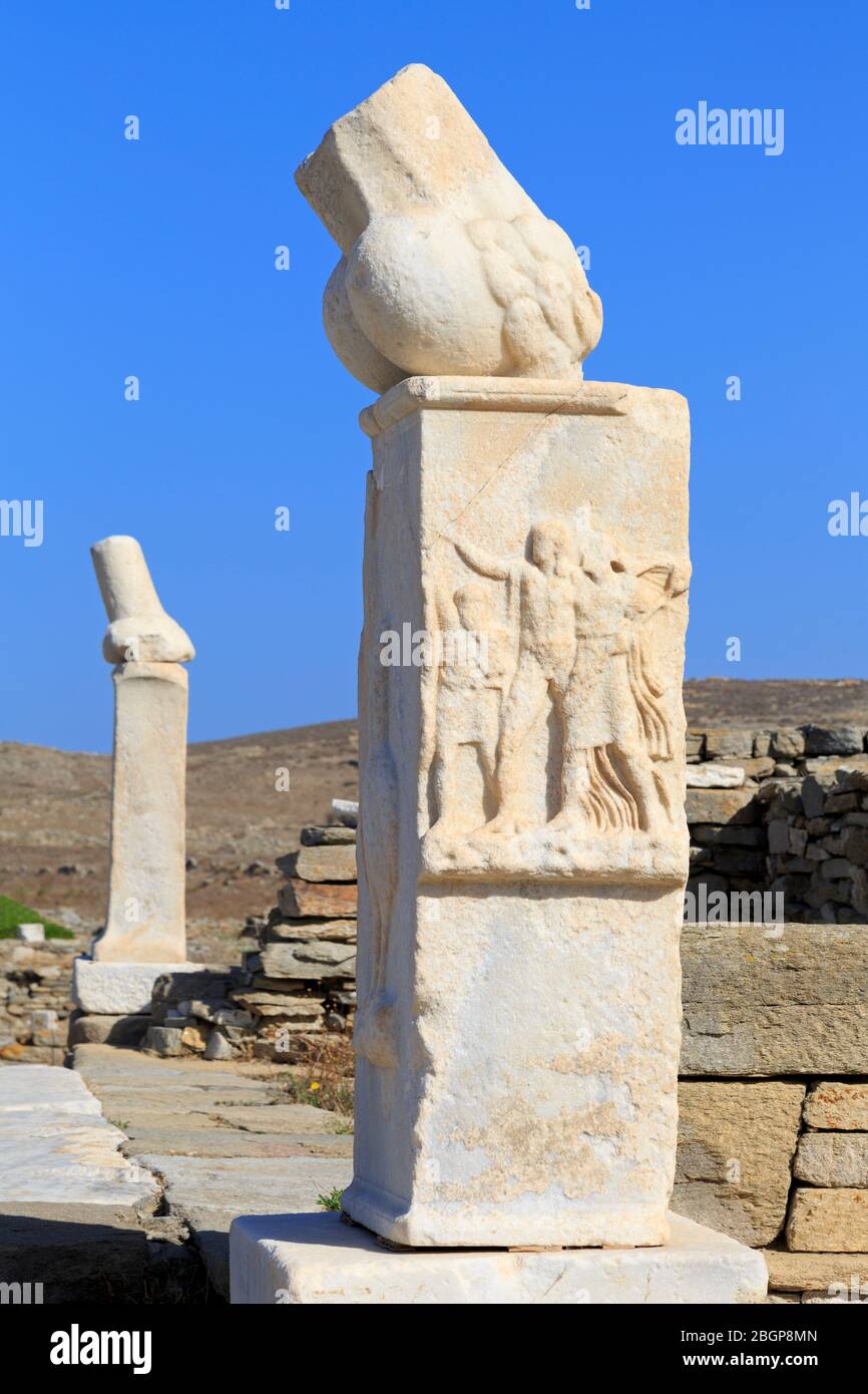 Delos Inscription Column Column with Phallus,Delos ruins,Mykonos,Greece,Europe Stock Photo - Alamy