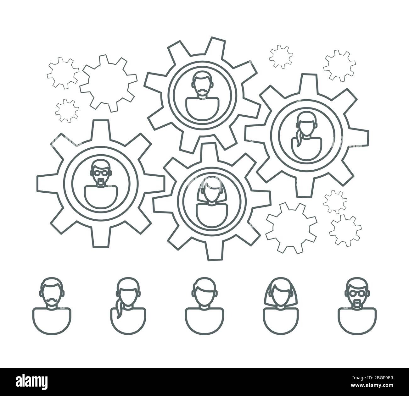 User Profile Line Icons And People Gears Interaction Structure Vector
