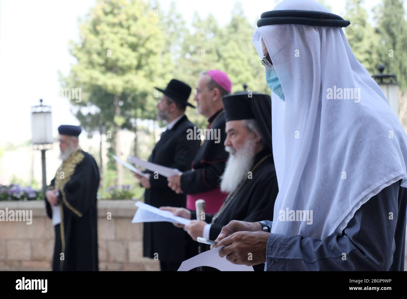 Jerusalem, Israel. 22nd Apr, 2020. Jewish, Christian, Muslim and Druze religious leaders hold an interfaith prayer for the victims and protection from COVID-19 coronavirus pandemic in Jerusalem, Israel. Stock Photo