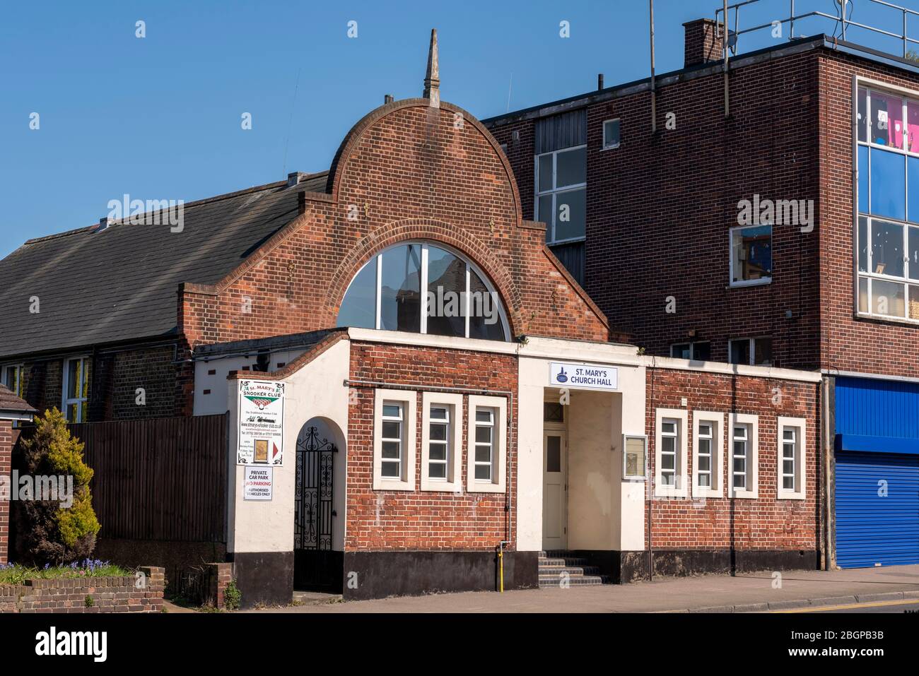 St Mary's Church Hall in Prittlewell, Southend on Sea, Essex, UK. Hall to nearby St Mary's church, a Church of England. Plain brick building Stock Photo