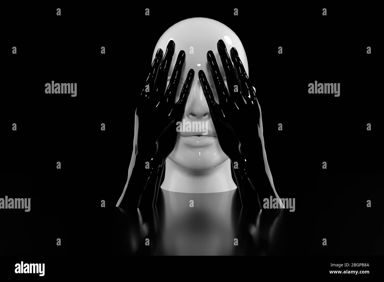 3d render, white female mannequin head, eyes closed by hands, blind