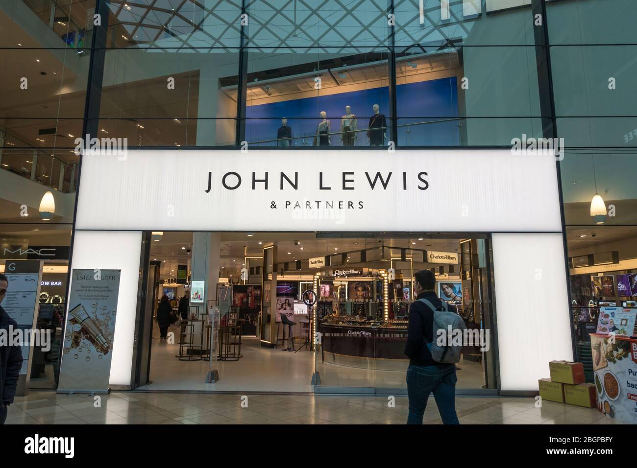 John Lewis & Partners store entrance from the Grand Arcade Cambridge Cambridgeshire February 2020 Stock Photo