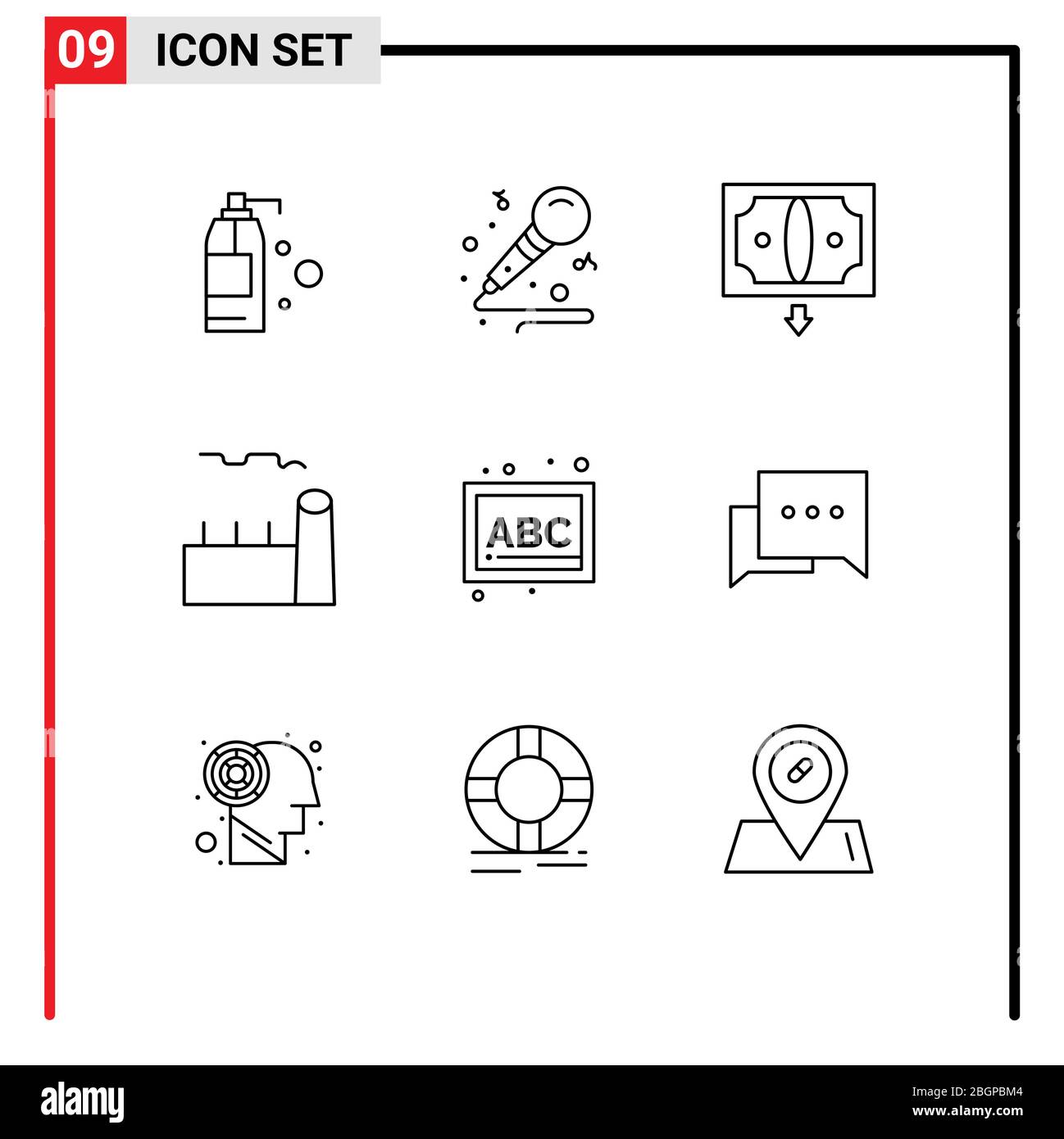Group of 9 Outlines Signs and Symbols for blocks, steam plant, commerce, industrial plant, boiling plant Editable Vector Design Elements Stock Vector
