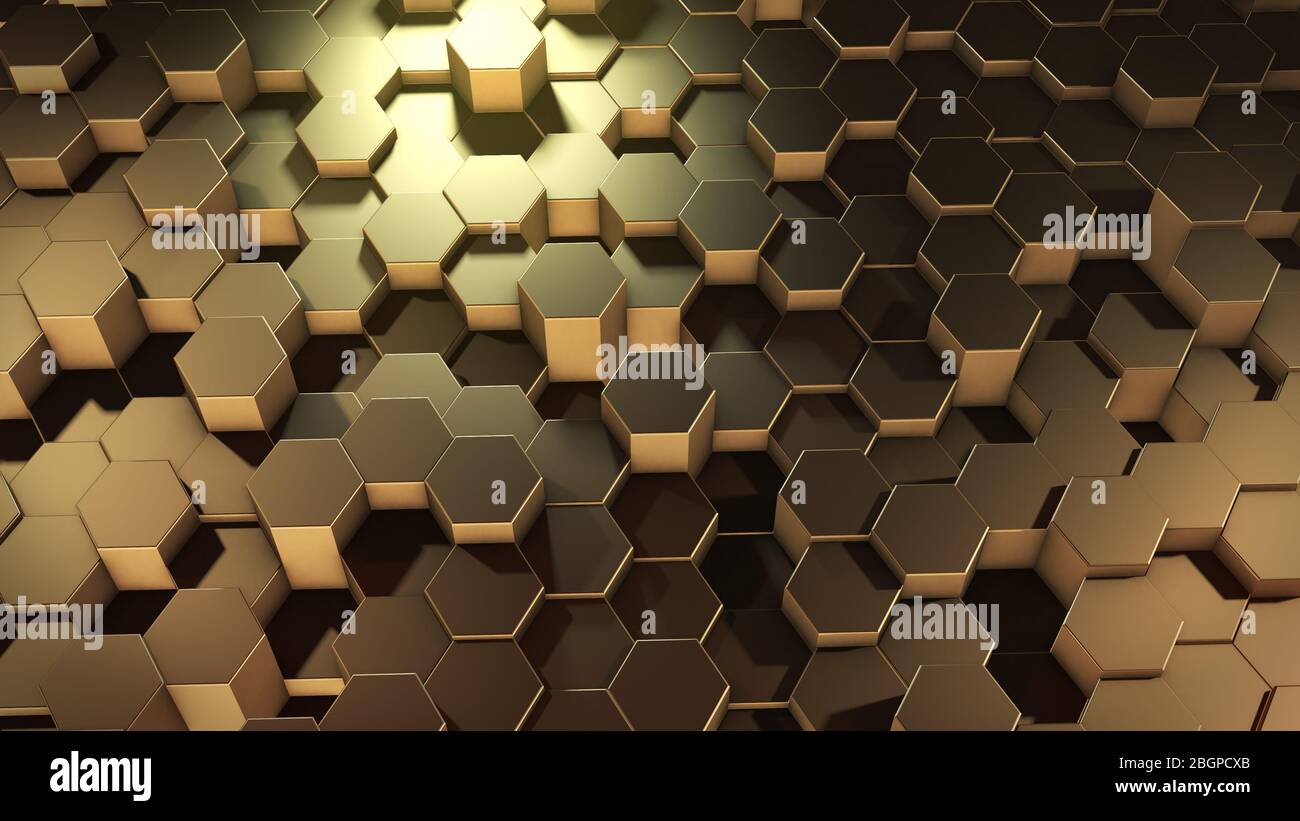 3D rendering of abstract hexagonal geometric golden surfaces in virtual ...