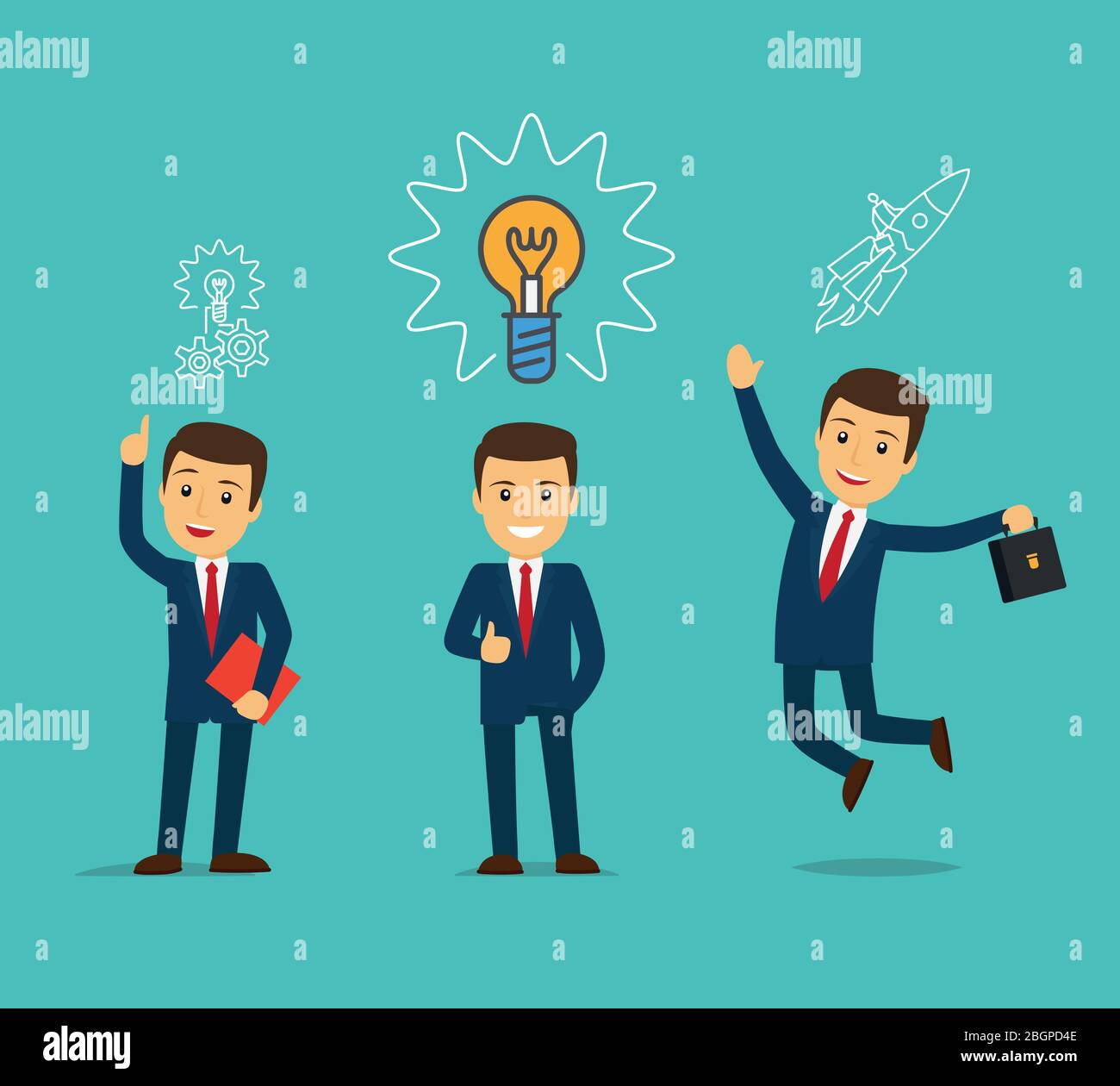Businessman with bulb and rocket. Business idea concept. Vector illustration Stock Vector