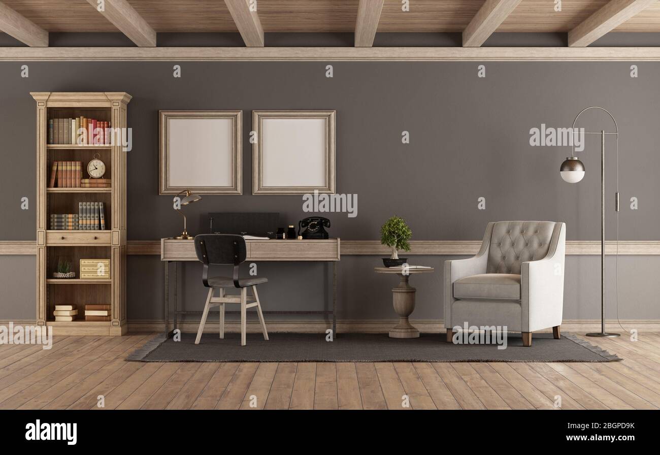 Classic style living room with wooden bookcase,desk and armchair - 3d ...