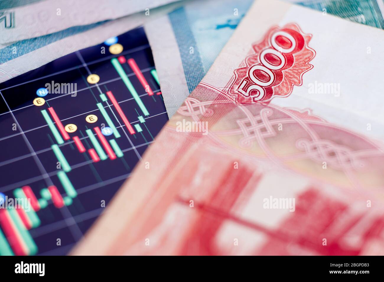 Depreciation ruble exchange rate on international stock and Russian shares of oil and gas enterprises Stock Photo