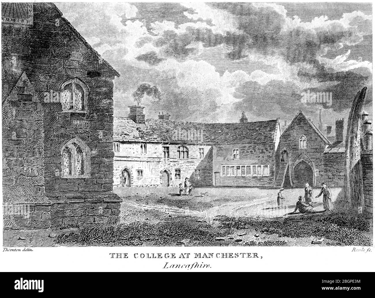 An engraving of The College at Manchester, Lancashire scanned at high resolution from a book printed in 1827.  Believed copyright free. Stock Photo