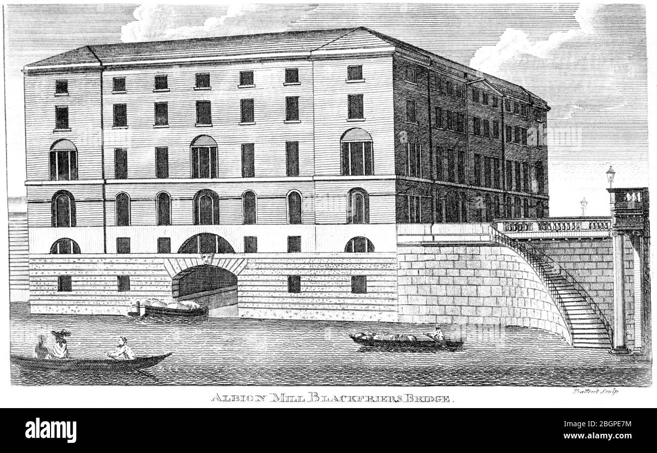 An engraving of Albion Mill Blackfriers (Blackfriars) Bridge scanned at high resolution from a book printed in 1827. Believed copyright free. Stock Photo