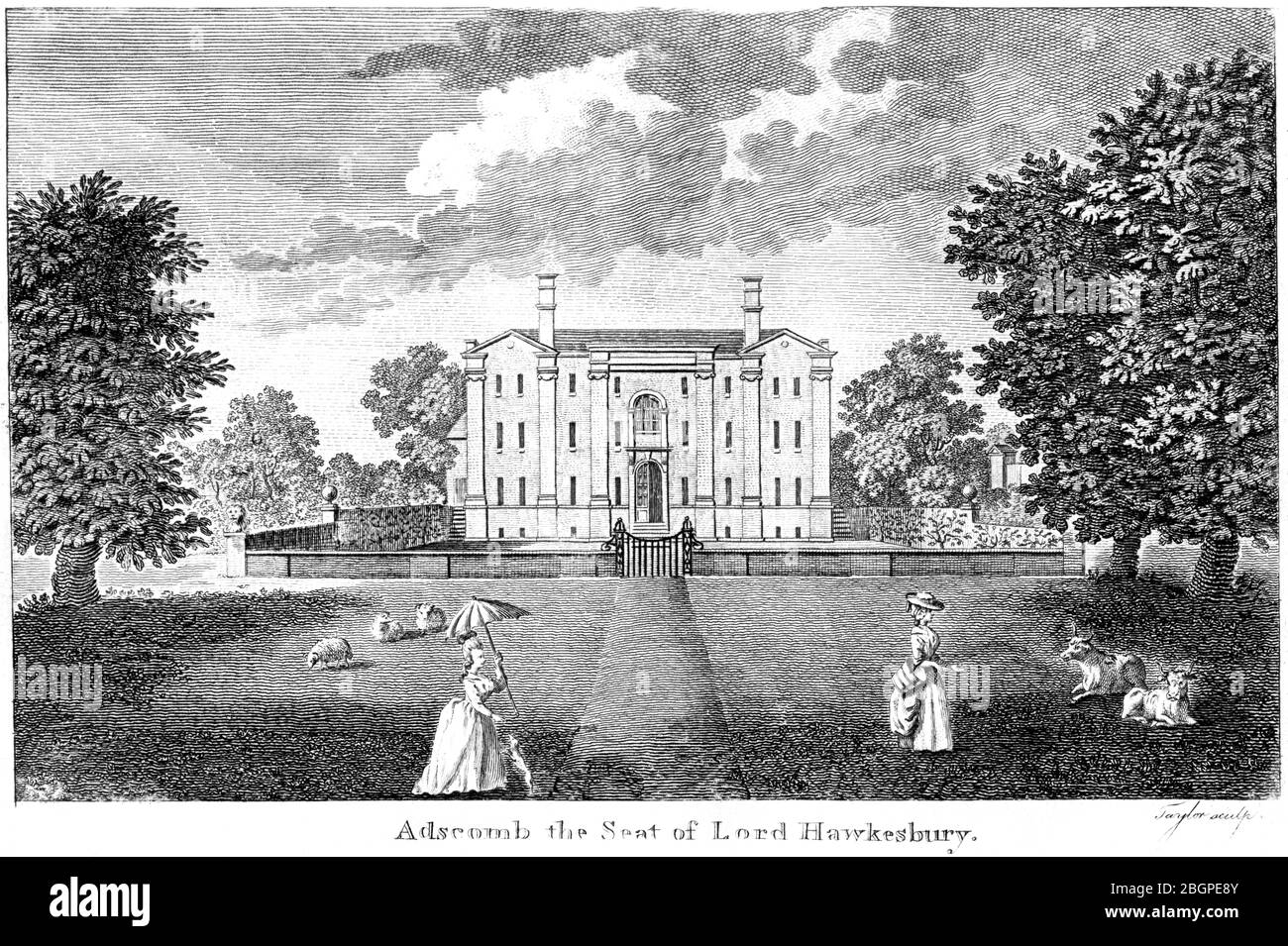 Engraving of Adscomb (Addiscombe House) the Seat of Lord Hawkesbury scanned at high resolution from a book printed in 1827.  Believed copyright free. Stock Photo