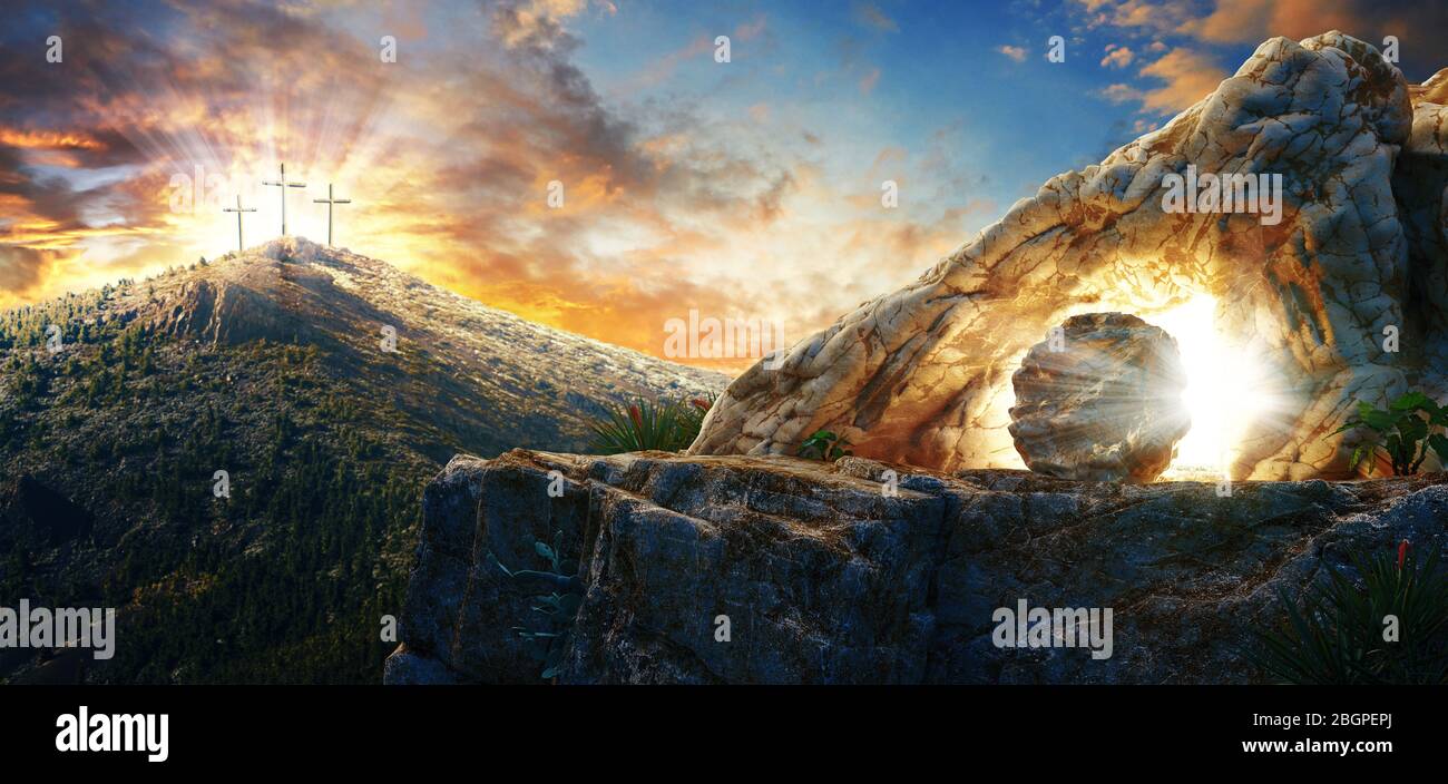 High resolution. Easter Sunday concept: Empty tomb stone with cross on meadow sunrise background. 3d rendering Stock Photo