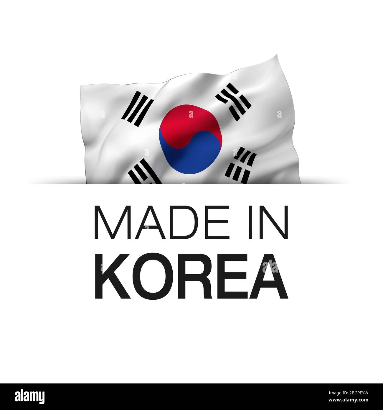 Made in Korea - Guarantee label with a waving South Korean flag. Stock Photo