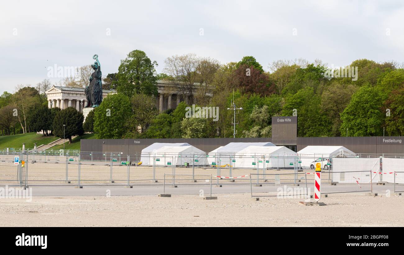 Panorama of Theresienwiese with Bavaria Statue, Ruhmeshalle & Coronavirus Drive-in. Due to the Covid-19 pandemic Oktoberfest 2020 has been canceled. Stock Photo