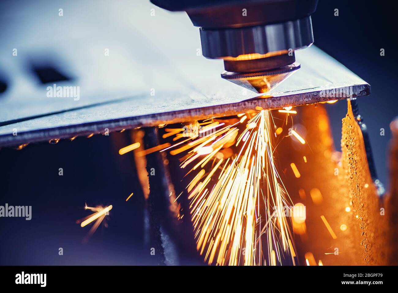 Cnc Gas Cutting Metal Sheet Sparks Fly Blue Steel Color Modern Industrial Technology Stock Photo Alamy