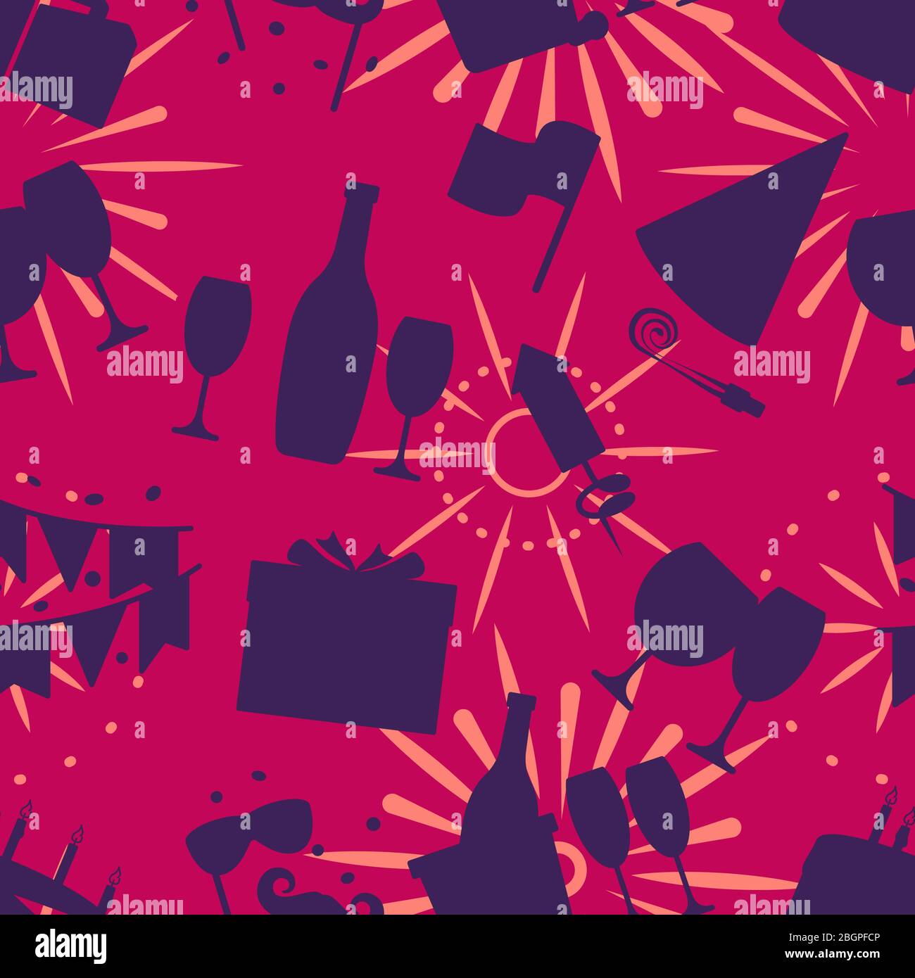 Celebration seamless pattern with fireworks drinks giftbox silhouette vector Stock Vector