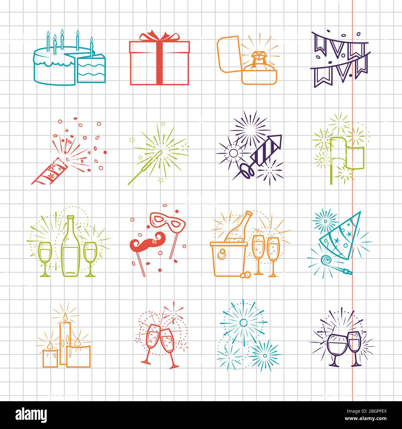 Celebration line icons set with drinks and garland, fireworks and cake