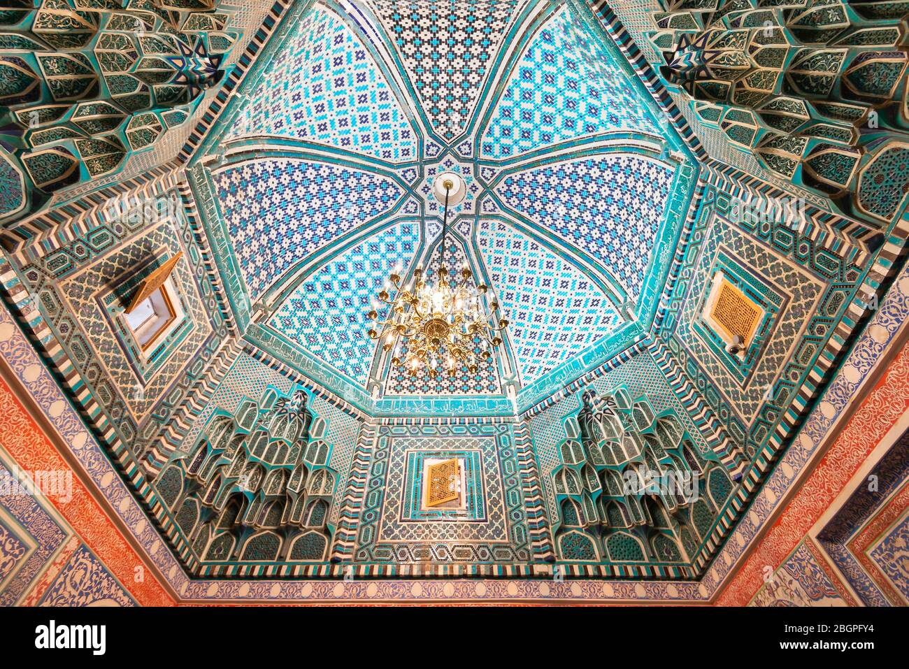 Decoration of the dome of the Kusam Ibn Abbas mausoleum in Shahi Zinda, Samarkand, Uzbekistan. Blue and turquoise majolica tiles. Stock Photo