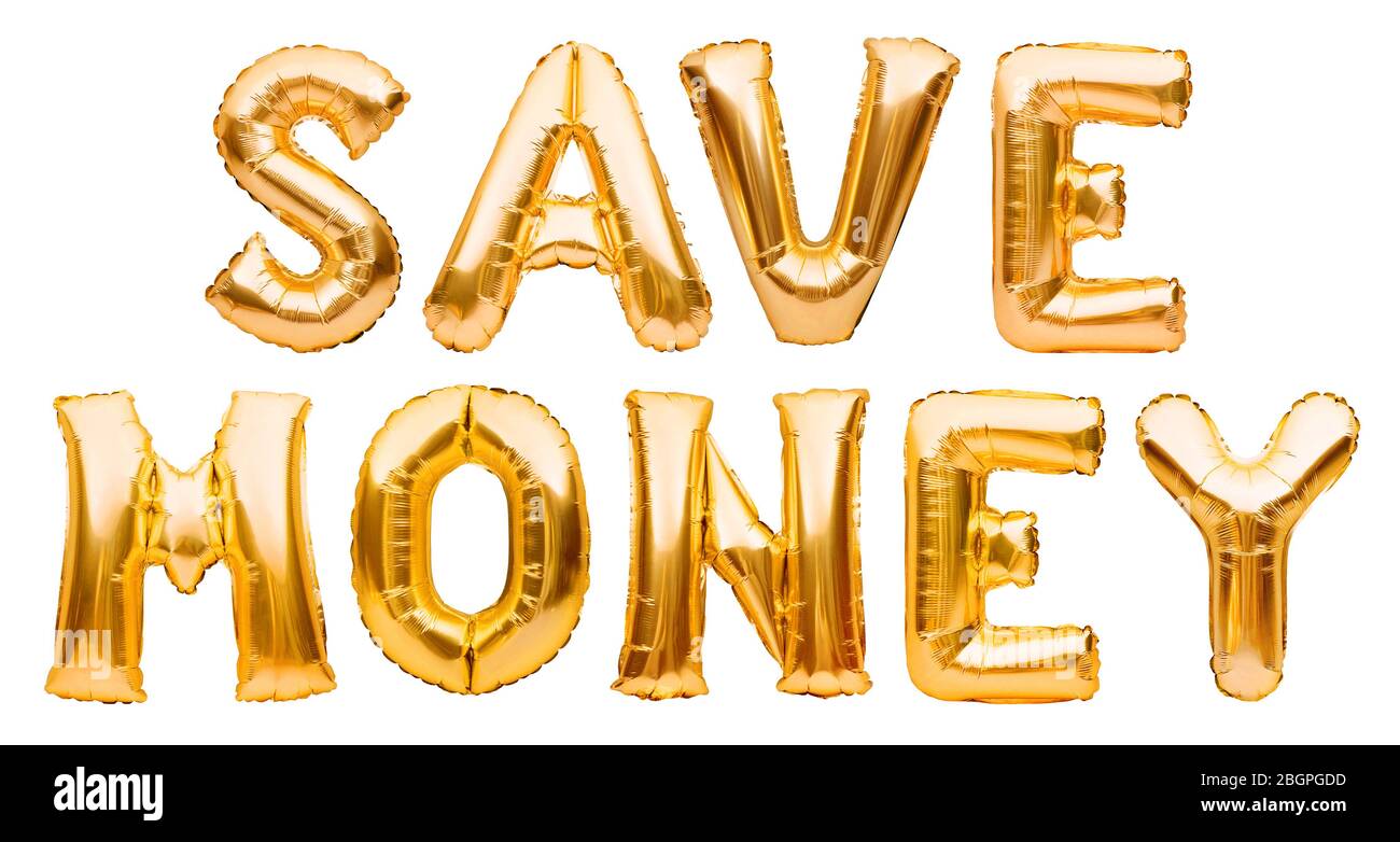 Golden words SAVE MONEY made of inflatable balloons isolated on white background. Gold foil balloon letters. Discount and advertisement, sale and Stock Photo