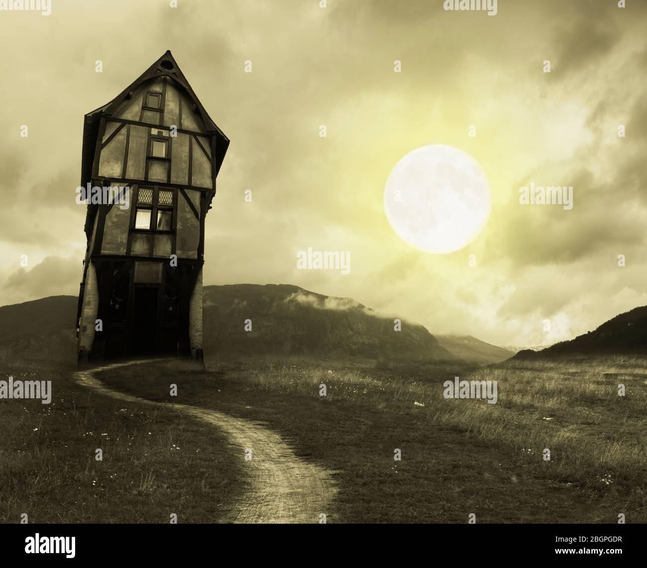 Apocalyptic Halloween scenery with old house and moon Stock Photo