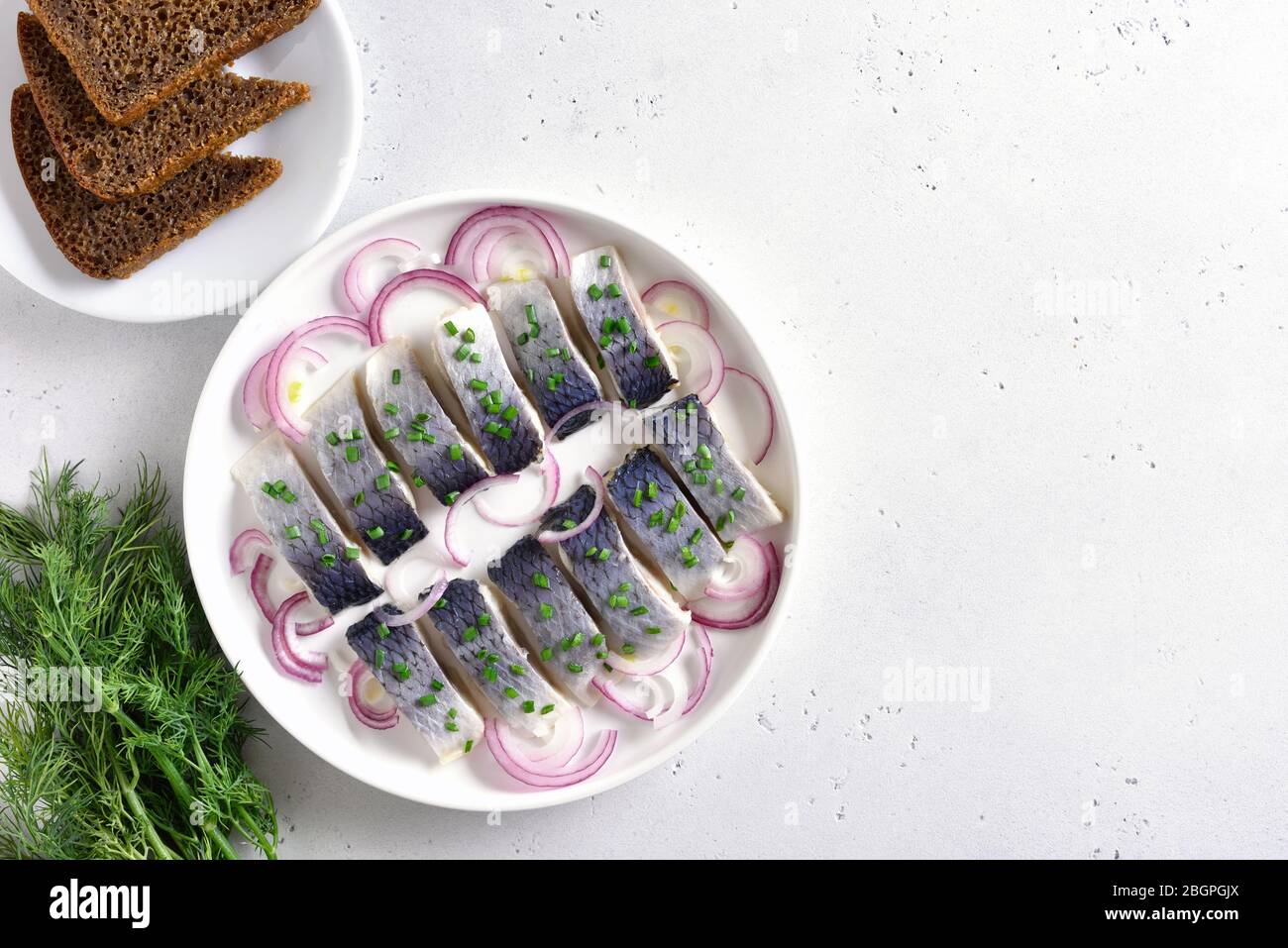 Salted herring with onion on plate on white stone background with copy