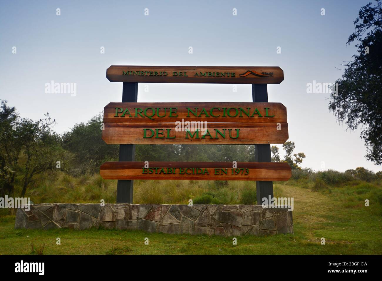 Entrance sign welcoming to Manu National Park, Peru Stock Photo